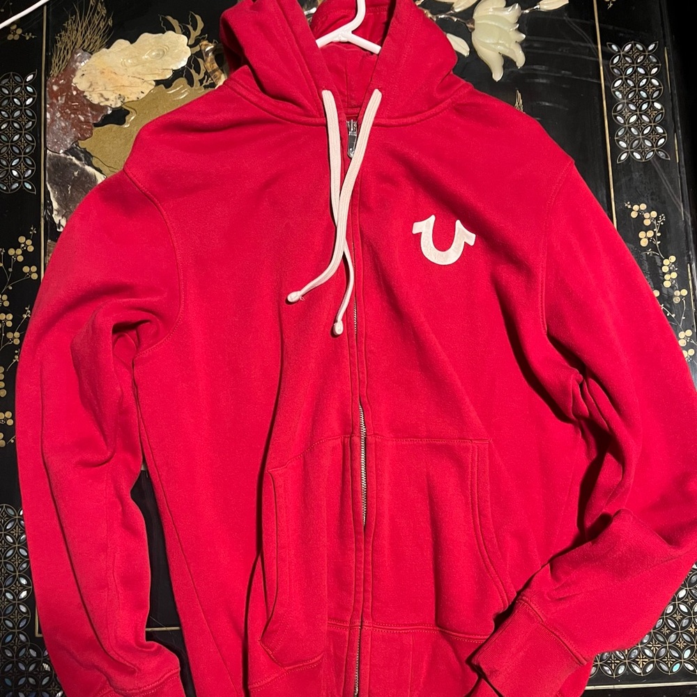 True Religion Red Zip Up Sweater Cozy Cotton Blend